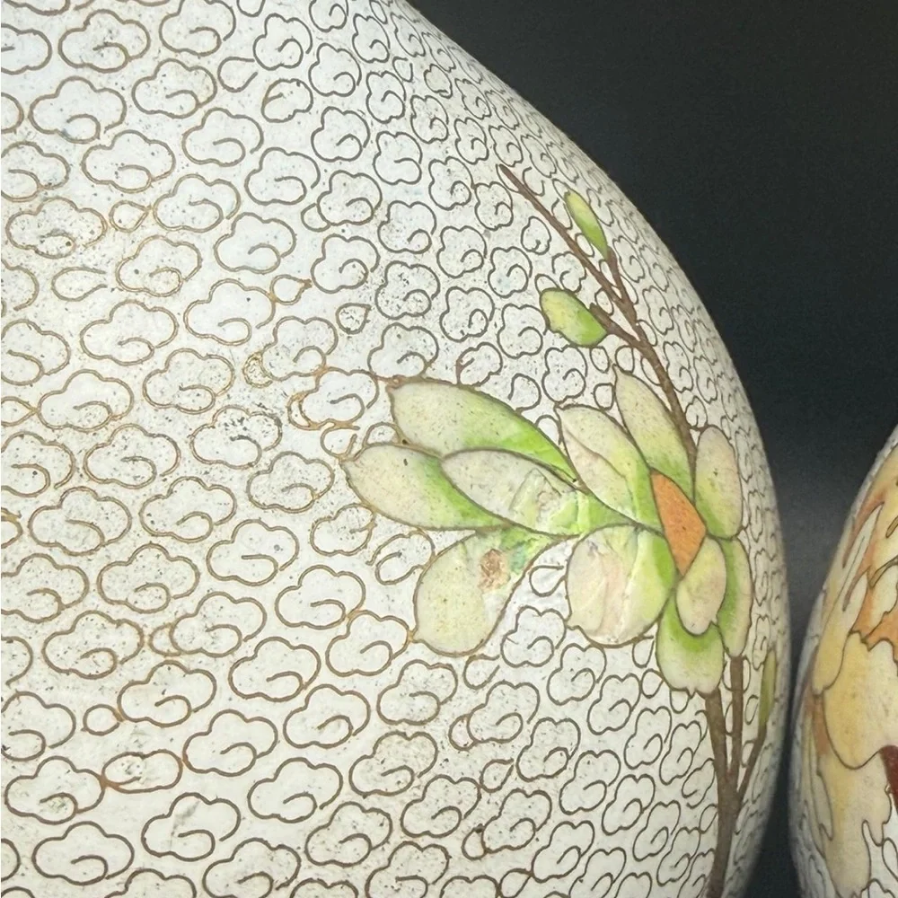 Pair of Porcelain Floral Cloisonné Vases in Pink and Gold